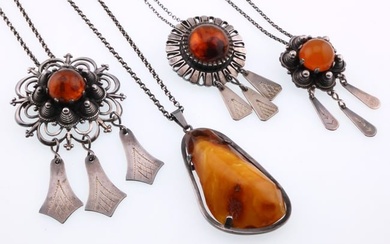 Sterling Silver Grouping of Amber Necklaces/Pins/Pendants 2.4 ozt
