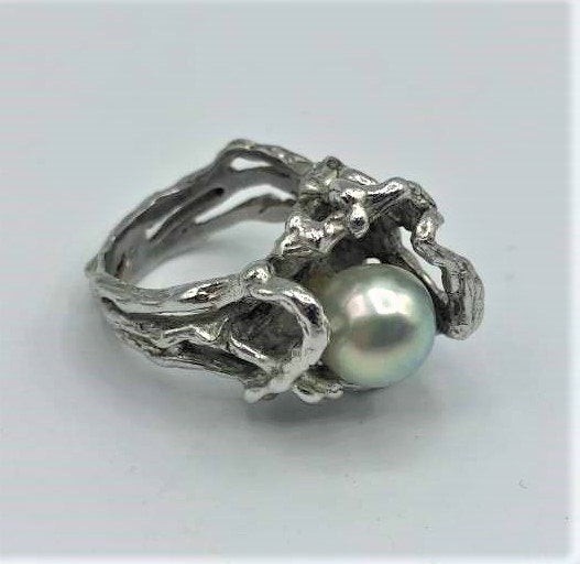 Sterling Silver Hand Made Nugget Ring with Pearl