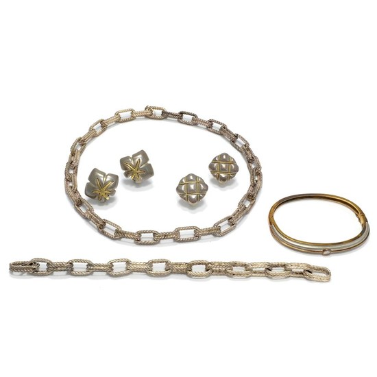Sterling Silver Link Necklace and Two Pairs of Earclips, Tiffany & Co., and Sterling Silver, Gold and Diamond Bangle Bracelet