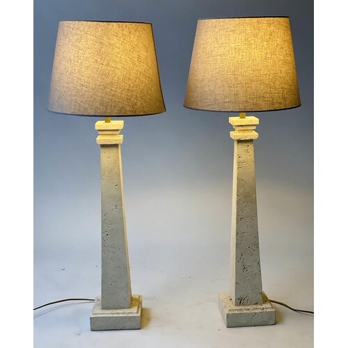 TABLE LAMPS, a pair, square tapering travertine marble colum...