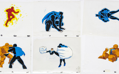 "THE FANTASTIC FOUR" PRODUCTION ANIMATION CELS AND SKETCHES, C. 1990S, H 10", W 12"