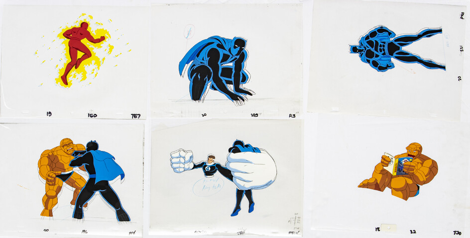 "THE FANTASTIC FOUR" PRODUCTION ANIMATION CELS AND SKETCHES, C. 1990S, H 10", W 12"