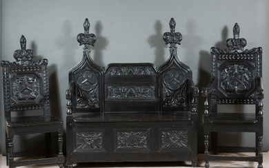 THREE-PIECE CARVED OAK SETTEE AND CHAIR SET