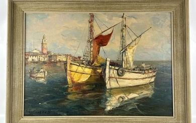 T.L. Novgretti Harbor Scene Oil On Canvas Painting