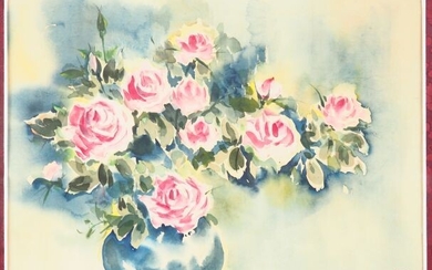 TU DUYEN "Bouquet de roses dans un vase" Aquarelle sur soie, signée en bas à...