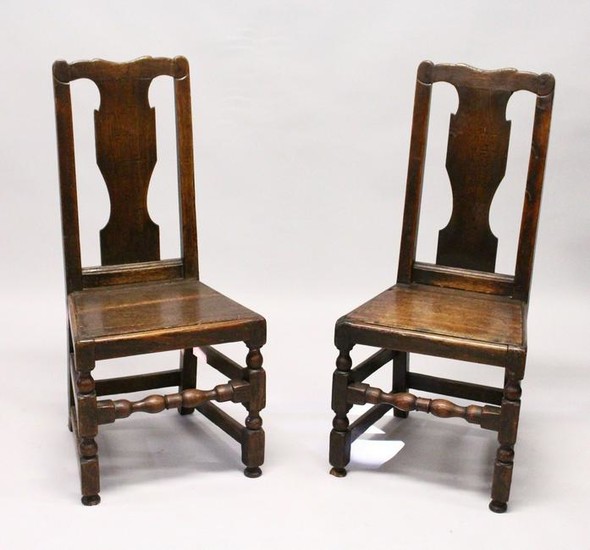 TWO 18TH CENTURY OAK DINING CHAIRS, with vase shaped