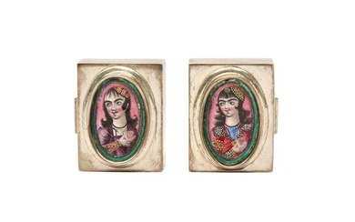 TWO MINIATURE ITALIAN SILVER BOXES WITH ENAMEL-PAINTED QAJAR PORTRAITS Firenze, Italy, post-1969 (silver boxes) and Qajar Iran, mid to late 19th century (portraits)
