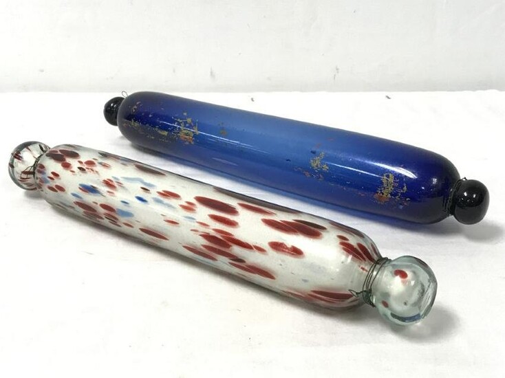 TWO NAILSEA-TYPE GLASS ROLLING PINS, ANTIQUE