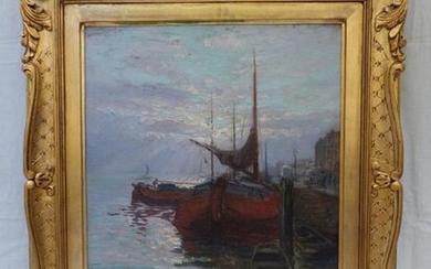 Oil painting on canvas "Boat at quay". Signed Kees Terlouw....