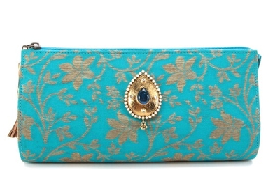 Tanvi Shah Blue and Gold Tone Metallic Floral Clutch with Tassel Zipper Pull