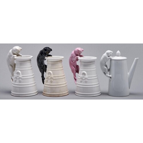 Three Copeland bone china cat handled milk churn vases, late...