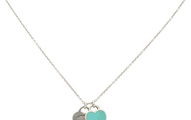Tiffany & Co sterling silver anchor link necklace with two heart-shaped pendants, one with blue-green...