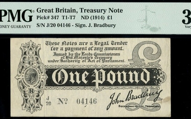 Treasury Series, John Bradbury, first issue £1, ND (7 August 1914), serial number J/20 04146, (...