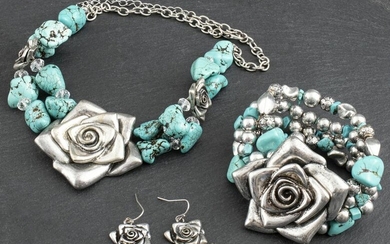 Turquoise & Floral Bead Jewelry Set, 3 Pcs.