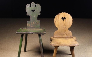 Two 19th Century Folk Art Chairs. The tallest painted green and having a shaped and crested plank ba