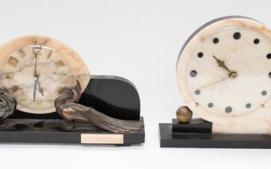 Two Art Deco 1930's large mantle clocks with peacock and...