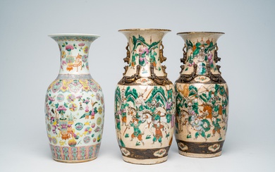 Two Chinese Nanking crackle glazed famille rose 'warrior' vases and an 'antiquities' vase, 19th C....