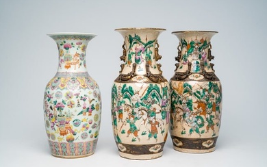 Two Chinese Nanking crackle glazed famille rose 'warrior' vases and an 'antiquities' vase, 19th C.