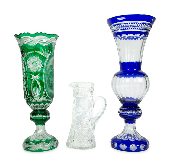 Two Continental Color Cut-to-Clear Glass Vases and a Cut Glass Pitcher
