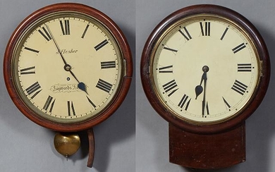 Two English Carved Mahogany Schoolhouse Clocks, 19th
