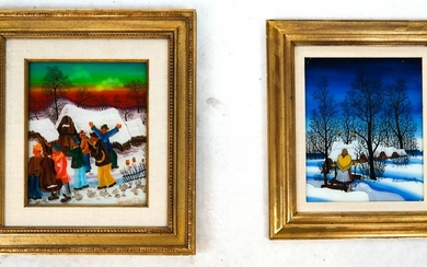 Two Figural Winter Scenes - Paintings on Glass