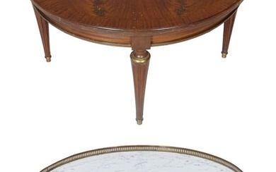 Two French Louis XVI Style Low Tables, 20th c., the marble top example with pierced brass gallery