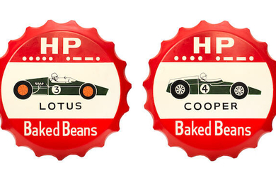Two 'HP Baked Beans' hand-painted fibreglass garage display signs celebrating Cooper and Lotus race cars