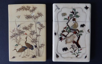 Two Japanese Meiji shibayama inlaid ivory card cases, one...