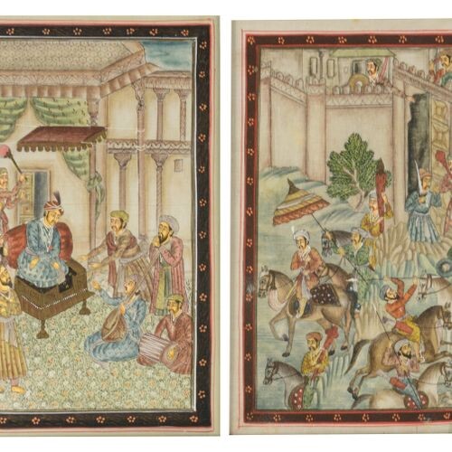 Two Ottoman gouaches on textile, one depicting a battle scene,...
