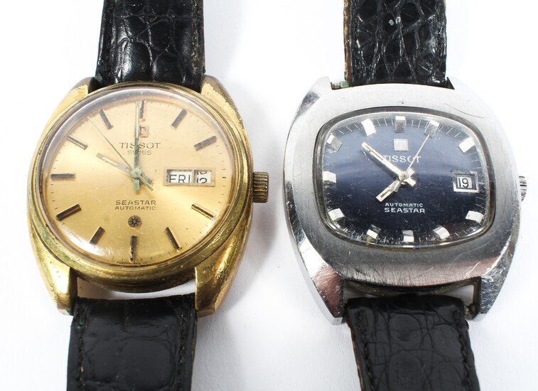 Two Tissot Seastar automatic gents wristwatches, one with squared blue dial