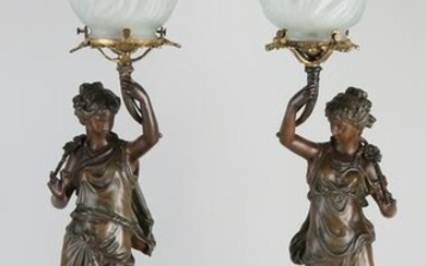 Two large antique French table lamps. Torch bearers on