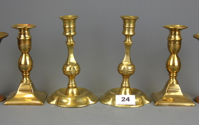 Two pairs of 19th Century brass candlesticks and a pair of Indian brass vases, tallest 17cm.