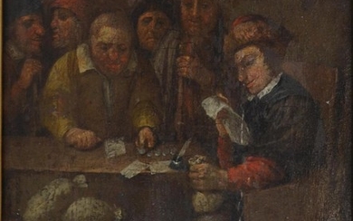 UNKNOWN ARTIST, MONEY ON THE TABLE, OIL ON BOARD, 14 X 12.5CM