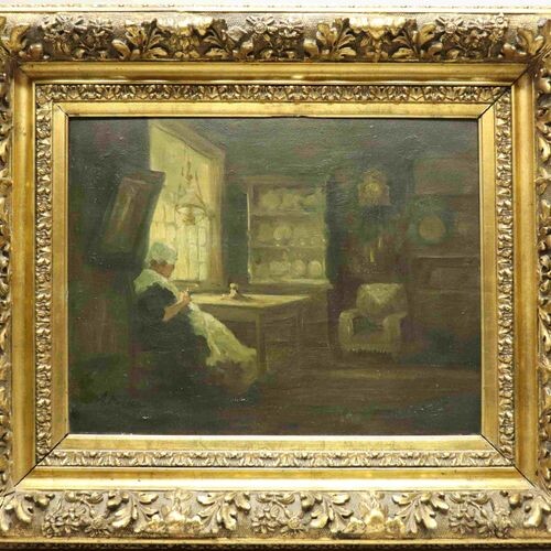 Unsigned 'Lady with handicraft in interior' oil on canvas 35...