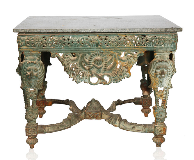 VICTORIAN STYLE CAST IRON AND STONE GARDEN TABLE