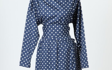 VINTAGE NAVY BLUE DRESS WITH WHITE POLKA DOTS AND RUFFLE...
