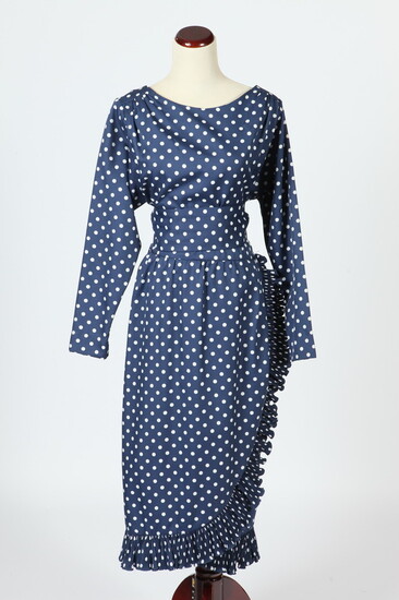 VINTAGE NAVY BLUE DRESS WITH WHITE POLKA DOTS AND RUFFLE...