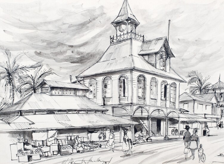 VLW Havilland (20th Century), pen and ink drawing of a market scene with colonial buildings