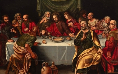 Valencian school; ca.1600. "Last supper". Oil on panel. Cradled.