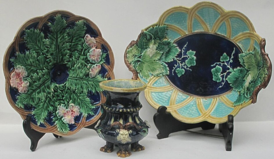 Victorian Wedgwood and Geo. Jomes Majolica Serving bowl, Vase, and platter GC4A