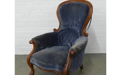 Victorian mahogany framed spoonback armchair with blue uphol...