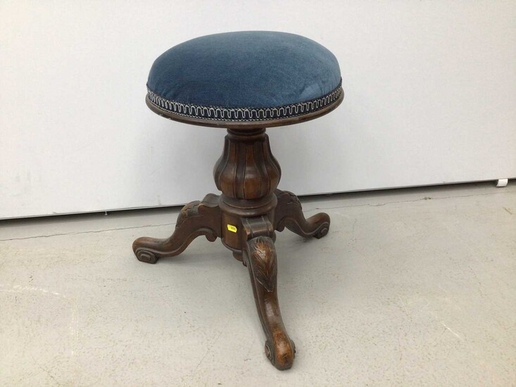 Victorian mahogany piano stool with blue upholstered seat on tripod base and a tiled top table and another piano stool (3)