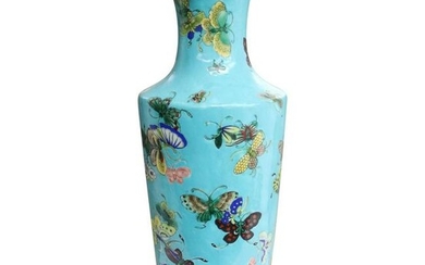 Vintage Chinese Blue Butterflies Chinese Rose Vase