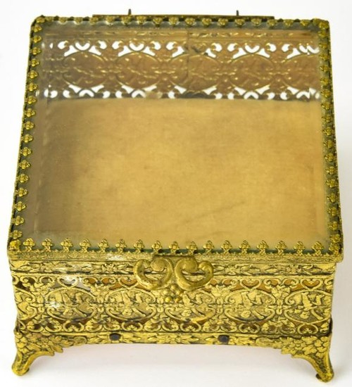 Vintage Reticulated Ormolu Beveled Glass Table Box