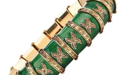 Vintage Snake Green Paillonne Enamel 18k Gold Bracelet