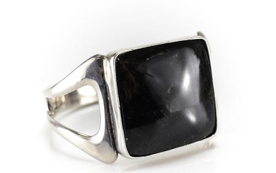 Vtg Mexico Sterling Silver Black Jasper Modernist Bangle Bracelet c1950 Hinged