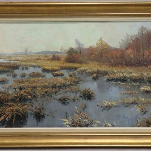 WELLENS Ch. signed Panoramic landscape with lake' oil on canvas...