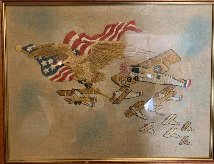 WWI, American embroidery with eagle holding the American flag and aircrafts