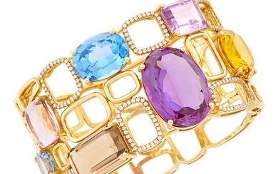 Wide Gold, Synthetic and Colored Stone and Diamond Bangle Bracelet