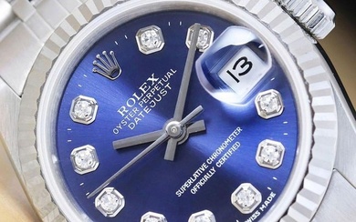 Womens 18k White & Gold Stainless Steel Rolex Datejust With A Blue Diamond Dial